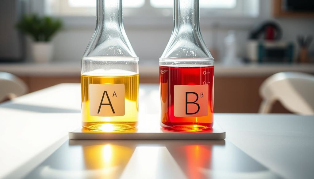 A/B testing experiment setup with two glass beakers, one labeled "A" and the other "B", placed on a clean white table. The beakers are filled with different colored liquids, symbolizing the two variants being tested. Bright, natural lighting from the side illuminates the scene, creating distinct shadows and highlights on the glassware. The background is slightly blurred, keeping the focus on the foreground experiment. A sense of thoughtful analysis and scientific inquiry permeates the image, inviting the viewer to consider the insights that can be drawn from the results.