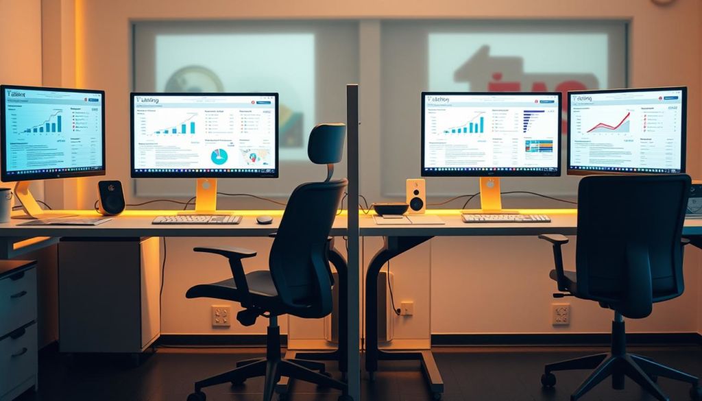A/B testing laboratory setup with two side-by-side workstations displaying analytical data and social media analytics dashboards. Warm, soft lighting illuminates the scene, creating a focused and productive atmosphere. The workstations feature modern ergonomic chairs, clean desktops, and carefully arranged computer monitors. Subtle visual cues allude to the theme of social media posting optimization, such as color-coded charts or graphs. The background is blurred, keeping the attention on the core experimental setup. An air of thoughtful consideration and strategic planning permeates the overall composition.