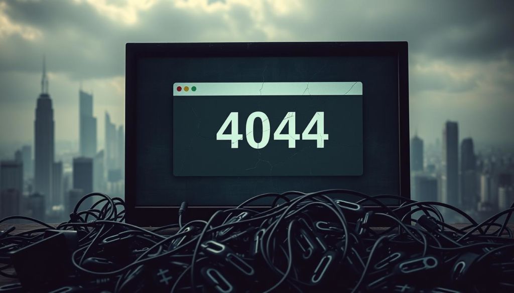 An abandoned, dilapidated website with a prominent 404 error message displayed on a cracked, outdated computer screen. In the foreground, a tangled web of broken hyperlinks and SEO-related symbols, such as hashtags and keywords, sprawl across the screen, symbolizing the challenges of managing a website's digital presence. The background features a hazy, dystopian cityscape, with towering buildings and a gloomy, overcast sky, conveying a sense of digital decay and neglect. The lighting is harsh, creating deep shadows and highlights that emphasize the disarray and disrepair of the scene. The overall atmosphere is one of frustration, confusion, and the need for a comprehensive solution to the problem of 404 errors and SEO optimization.