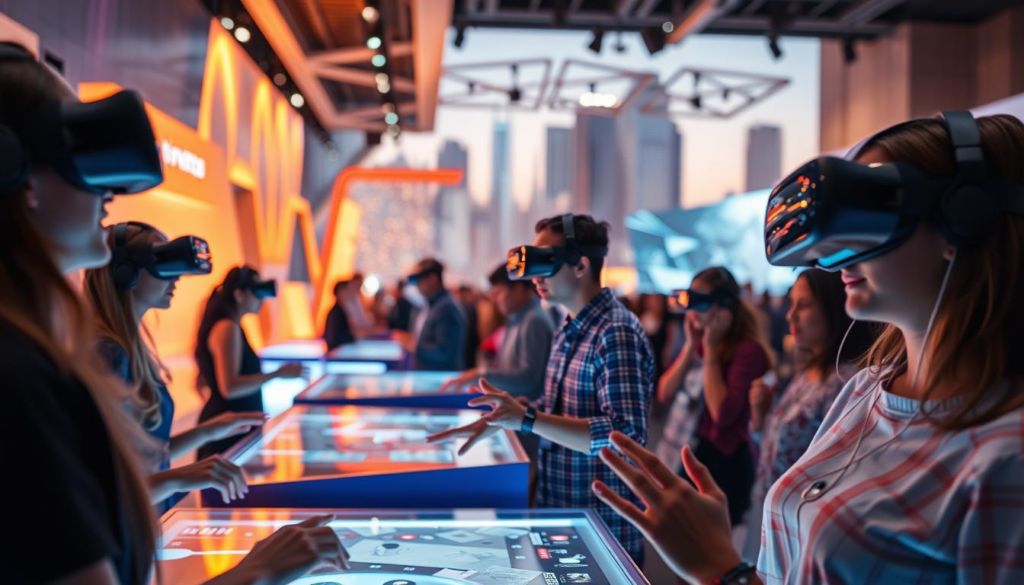 An artistic, immersive marketing experience showcasing a vibrant, tactile world. In the foreground, a group of people interactively engaging with various touchpoints - virtual reality headsets, interactive displays, and tactile installations. The middle ground features a sleek, modern event space with dynamic lighting and geometric architectural elements. In the background, a blurred cityscape provides an urban, futuristic backdrop. Crisp, high-resolution photography captures the scene, with a cinematic depth of field and warm, saturated colors that evoke a sense of wonder and discovery. An atmosphere of innovation, technology, and human-centric design permeates the image.