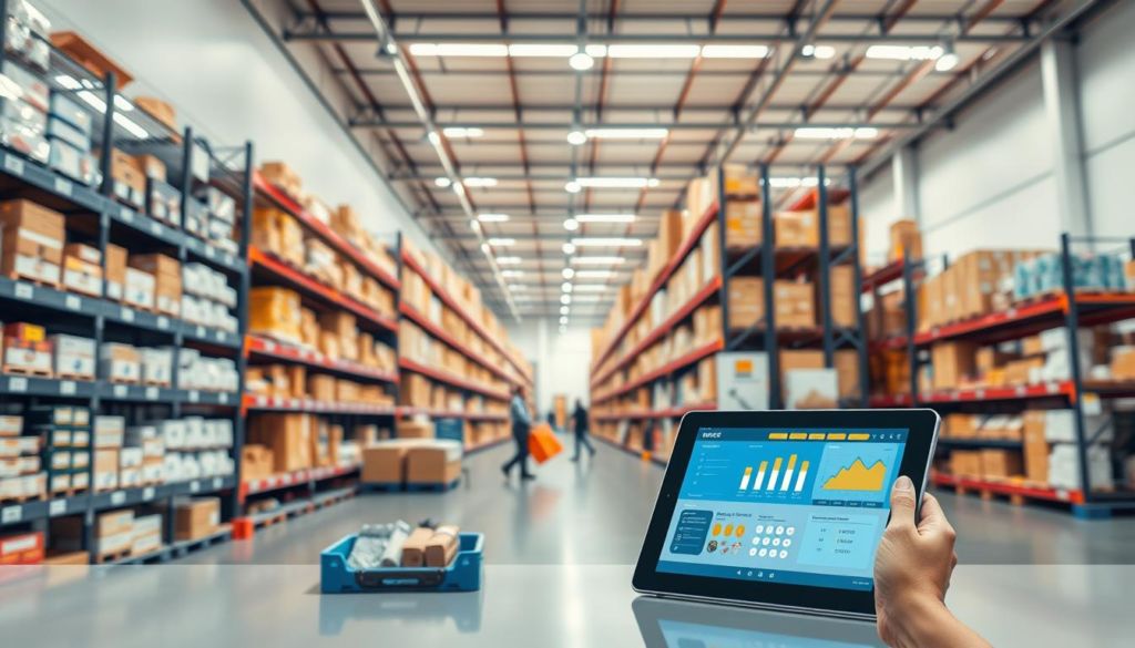 An efficient inventory control system, showcasing neatly organized shelves and bins filled with a diverse range of products. The scene is well-lit, with warm, natural lighting accentuating the clean, minimalist design. In the foreground, a tablet or touchscreen display presents real-time inventory data, allowing for seamless tracking and management. The middle ground features a team of employees actively restocking and organizing the inventory, while the background depicts a modern, streamlined warehouse setting with high ceilings and sleek, industrial-style architecture. The overall atmosphere conveys a sense of order, productivity, and technological integration, exemplifying the advantages of an efficient commercial management system.