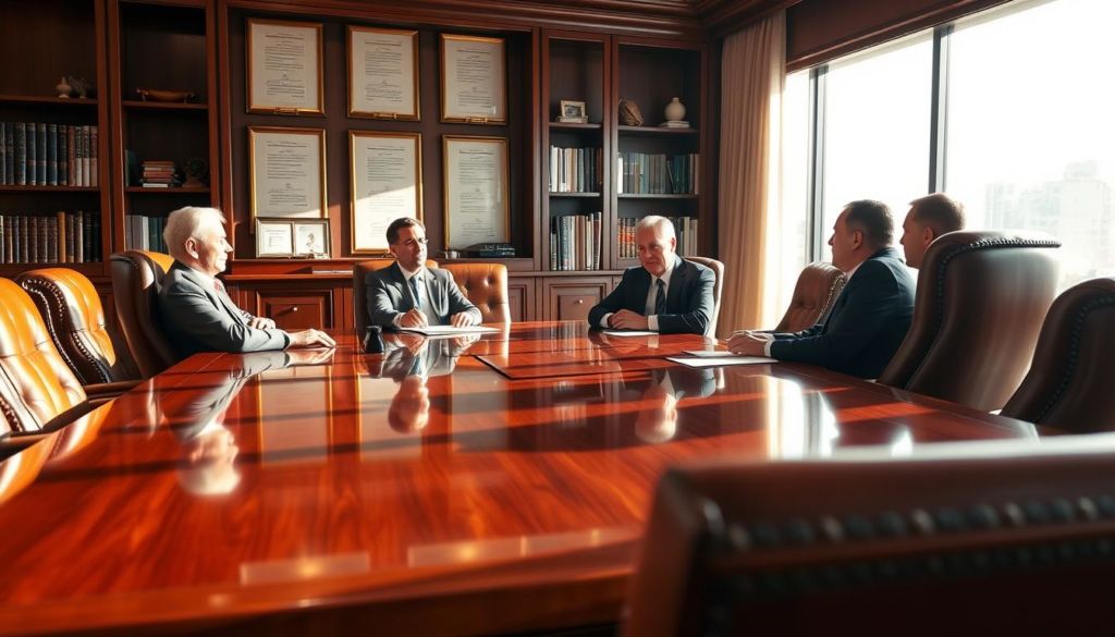 An elegant boardroom with a polished mahogany table and high-backed leather chairs. Sunlight filters through large windows, casting a warm glow on the space. In the foreground, a group of business executives engaged in a serious discussion, their expressions focused and intent. Behind them, shelves lined with books and framed certificates suggest a sense of professionalism and expertise. The scene conveys an atmosphere of strategic planning, modern management principles, and a commitment to principled business practices.