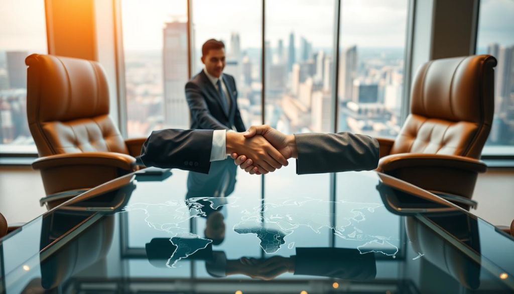 An elegant glass conference table surrounded by plush leather chairs, bathed in warm, inviting lighting. In the foreground, a handshake between two business executives, symbolizing a strategic partnership. The middle ground features a map of the world, hinting at the global reach of their collaboration. The background showcases a sleek, modern office interior with floor-to-ceiling windows overlooking a bustling city skyline, conveying a sense of success and opportunity. The entire scene radiates a professional, yet approachable atmosphere, reflecting the idea of "strategic partnerships" to expand one's client portfolio.