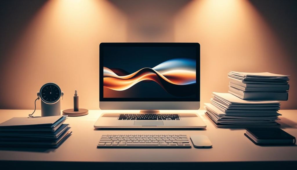 An elegantly designed desktop workspace with a sleek, modern laptop computer, a simple yet striking abstract graphic displayed on the screen, and a stack of neatly organized documents and digital devices, all bathed in warm, directional lighting that creates a sense of focus and importance. The backdrop is a minimalist, neutral-toned environment, allowing the central elements to take center stage and emphasize the significance of the digital connections and content management represented.