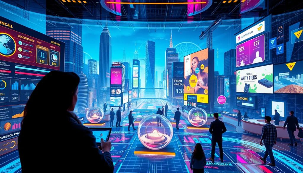 An immersive digital landscape showcasing innovative examples of gamification in marketing. In the foreground, a vibrant virtual dashboard displays interactive game elements such as leaderboards, badges, and progress bars. In the middle ground, customers engage with these game-like interfaces, earning rewards and unlocking new levels. The background depicts a stylized cityscape, with towering skyscrapers and neon-lit billboards, representing the integration of gamification strategies into the digital marketing ecosystem. The overall scene conveys a sense of excitement, engagement, and the transformative power of gamification in driving consumer interactions and brand loyalty.