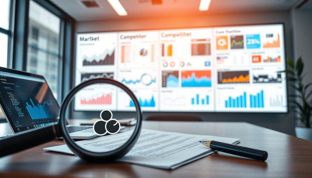 An office desk with a laptop, charts, and analytics reports in a modern, well-lit workspace. In the foreground, a magnifying glass highlights a competitor's logo on a document. The middle ground features market trend graphs and financial data visualizations. The background showcases a large, interactive dashboard displaying real-time competitor information and market insights. The overall scene conveys a sense of strategic analysis, data-driven decision-making, and a deep understanding of the competitive landscape.