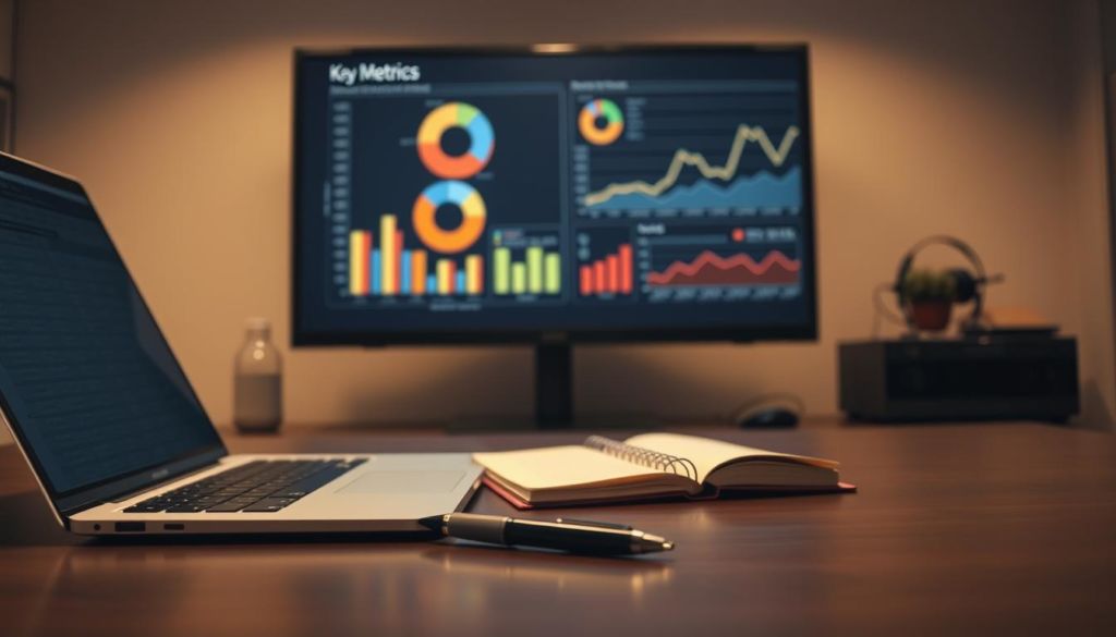 An office desk with a laptop computer, a notebook, and a pen in the foreground. Behind it, a bar graph, pie chart, and line graph are displayed on a large screen, visualizing key performance metrics. The lighting is warm and focused, creating a professional atmosphere. The camera angle is slightly elevated, conveying a sense of analytical perspective. The overall mood is one of diligent evaluation, with the goal of understanding and optimizing business performance.