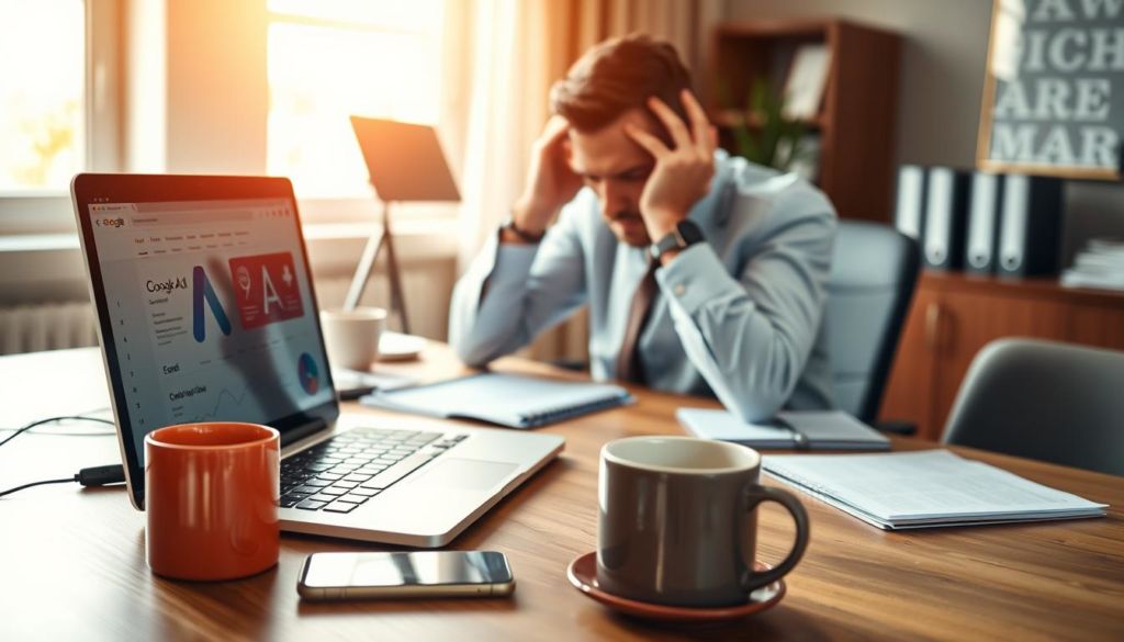 An office desk with various digital marketing tools and a frustrated business person. The scene is set with warm, natural lighting from a nearby window, creating a sense of focus and intensity. The foreground features a laptop displaying Google Ads interface, a smartphone, and a coffee mug. The middle ground shows the business person's hands grasping their head in a gesture of exasperation, conveying the common challenges and frustrations encountered when managing Google Ads campaigns. The background is slightly blurred, emphasizing the central subject matter. The overall atmosphere suggests a workplace environment where digital marketing strategies are being carefully considered and optimized.