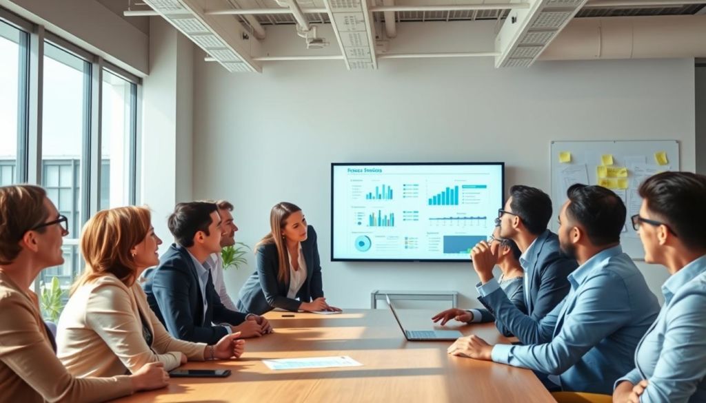 An office scene with a team of professionals gathered around a conference table, engaged in a lively discussion about process improvements. The room is bright and airy, with floor-to-ceiling windows flooding the space with natural light. The team members, dressed in business attire, are leaning forward, their expressions focused and engaged, as they review data visualizations and charts projected on a large screen. The atmosphere is one of collaboration and problem-solving, with a sense of energy and determination to implement meaningful changes. In the background, a whiteboard or corkboard displays sticky notes and diagrams, reflecting the ongoing process of mapping and refining the workflows. The overall scene conveys a sense of progress, innovation, and a commitment to driving continuous improvement within the organization.