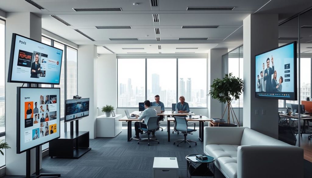 An office setting with display advertising platforms prominently featured. A clean, modern workspace with white walls, large windows, and sleek furniture. In the foreground, various digital screens and advertisements are visible, showcasing a range of products and services. In the middle ground, people are working at desks, collaborating on their laptops. The background features a cityscape visible through the windows, hinting at the global reach of the digital advertising platforms. The lighting is soft and natural, creating a professional and inviting atmosphere. The overall scene conveys the power and versatility of effective display advertising platforms in a dynamic business environment.