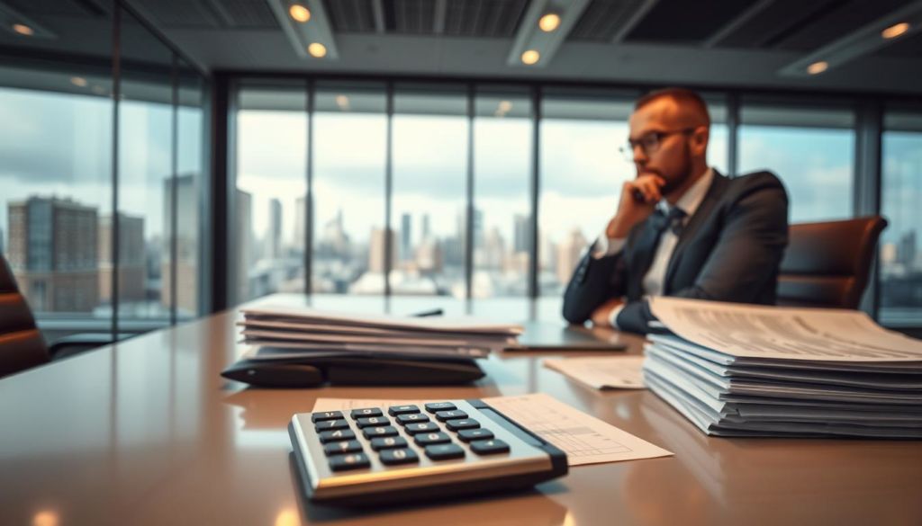 An office workspace with a focus on operational costs. In the foreground, a calculator and a stack of financial documents sit atop a sleek, modern desk. The middle ground features a businessperson in a suit, deep in thought, strategizing ways to optimize operations and reduce expenses. In the background, a panoramic window offers a scenic city view, conveying a sense of urban efficiency and productivity. The lighting is soft and warm, creating a contemplative atmosphere. The camera angle is slightly elevated, giving a bird's-eye perspective on the scene, emphasizing the importance of holistic cost management.