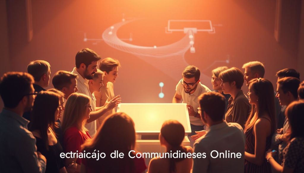 An online community taking shape, with diverse individuals gathered around a central hub. Warm lighting casts a sense of connection, as people engage in lively discussions, sharing ideas and building relationships. The foreground features a group of people conversing animatedly, their expressions and body language conveying a spirit of collaboration. In the middle ground, a central platform or interface serves as the gateway, facilitating the exchange of knowledge and experiences. The background suggests a digital landscape, with subtle technological elements hinting at the virtual nature of this community. An atmosphere of inclusivity, creativity, and intellectual discourse pervades the scene, capturing the essence of "Criação de Comunidades Online".