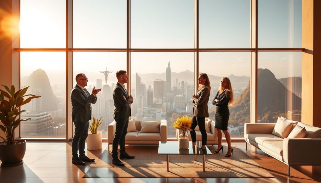 An open-air office setting with a panoramic city skyline view, bathed in warm, golden sunlight filtering through large windows. In the foreground, a group of four professionals - a diverse team of entrepreneurs and executives - engaged in a lively discussion, their body language exuding confidence and success. The middle ground features stylish, minimalist furniture and decor, creating a modern, aspirational atmosphere. In the background, the silhouettes of iconic Brazilian landmarks, such as Christ the Redeemer and Sugarloaf Mountain, create a distinct sense of place. The overall scene conveys a mood of accomplishment, dynamism, and the thrill of business triumph in Brazil.