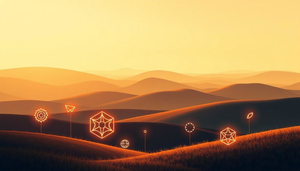Brand values depicted in an elegant, minimalist illustration. A serene landscape with rolling hills in the background, bathed in warm, soft lighting. In the foreground, glowing geometric symbols and icons representing core brand attributes like integrity, innovation, and customer-centricity. The middle ground features subtle, floating shapes and textures that convey the essence of the brand's story and positioning. The overall atmosphere is reflective, inspirational, and brand-focused, suitable for an article on mastering brand storytelling.