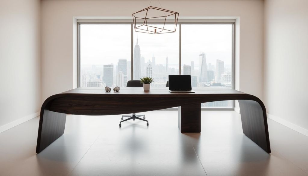Branding in the Post-Digital Era: A sleek, minimalist office setting with a large, curved desk made of dark wood. On the desk, a modern laptop, a small potted plant, and a pair of wireless headphones. The walls are painted a soft, neutral tone, creating a calming atmosphere. Overhead, a modern, geometric light fixture casts a warm, ambient glow. In the background, a large window looks out onto a city skyline, blending the digital and physical worlds. The overall scene conveys a sense of sophistication, technology, and the evolving nature of branding in the post-digital landscape.