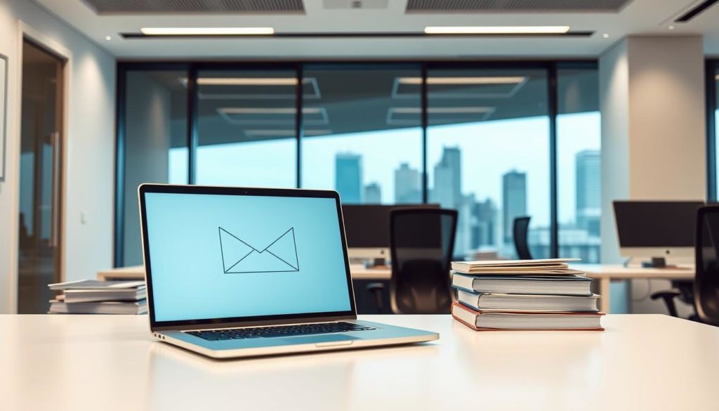 Consistent email distribution: a professional office setting with sleek desks, ergonomic chairs, and a minimalist aesthetic. In the foreground, a laptop screen displays a clean email interface, its interface conveying a sense of organization and efficiency. The middle ground features neatly stacked documents and folders, suggesting a well-managed workflow. The background showcases a large window overlooking a bustling cityscape, infusing the scene with a dynamic, productive atmosphere. Soft, diffused lighting from overhead illuminates the space, creating a calm, focused ambiance. The overall composition exudes a sense of diligence, reliability, and a commitment to maintaining a positive email reputation.