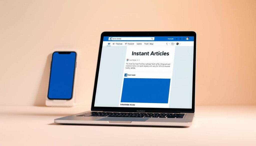 Creating Instant Articles on Facebook - a minimalist composition with a clean, modern aesthetic. In the foreground, a laptop display showing the Facebook Instant Articles interface, the central focus. Crisp, high-resolution rendering of the UI elements, buttons, and typography. In the middle ground, a stylized smartphone mockup, subtly angled to complement the laptop. The background features a simple, neutral gradient or solid color, allowing the devices to stand out prominently. Warm, directional lighting accentuates the sleek, contemporary design. An overall sense of efficiency, professionalism, and user-friendliness, reflecting the process of creating Instant Articles.