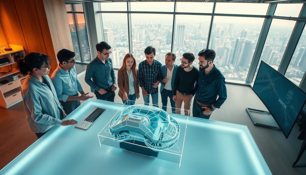 Desenvolvimento de produto: a dynamic scene of collaborative product design. In the foreground, a diverse team of designers and engineers gathered around a holographic prototype, gesturing animatedly as they refine the design. The middle ground features a sleek, minimalist workspace with cutting-edge design tools and 3D modeling software. In the background, a large, panoramic window offers a cityscape view, evoking a sense of innovation and progress. Warm, diffused lighting creates a thoughtful, focused atmosphere, while the camera angle provides an immersive, bird's-eye perspective of the creative process.