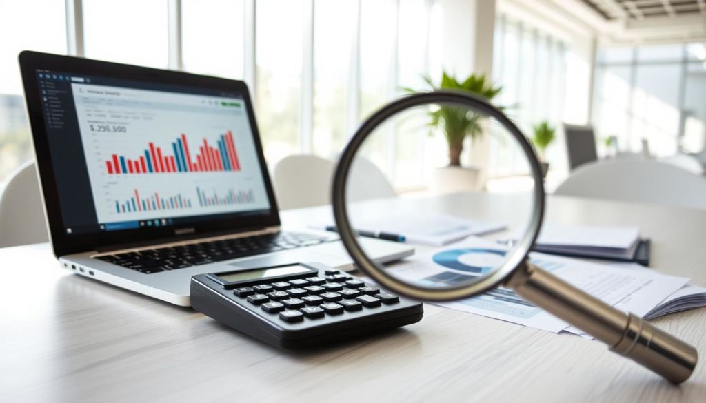 Detailed analysis of financial results on a modern minimalist office desk. A laptop, calculator, and spreadsheets in the foreground, with charts and graphs displayed on the laptop screen. In the middle ground, a magnifying glass examines financial data. The background features a clean, airy workspace with large windows allowing natural light to flood the scene, creating a bright, professional atmosphere conducive to in-depth analysis.