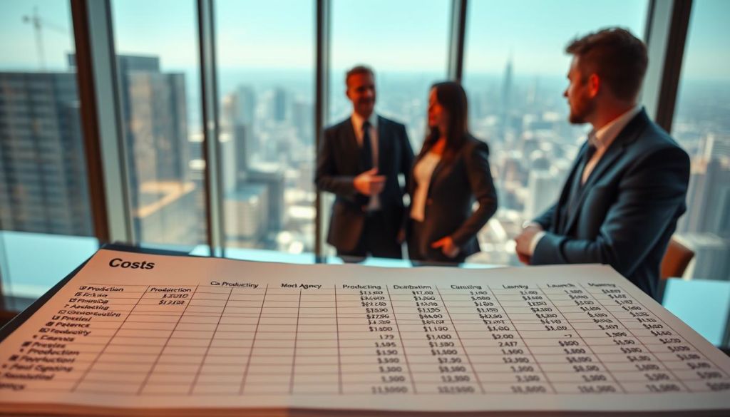 Detailed comparison of costs between a co-production venture and a launch agency. In the foreground, a detailed spreadsheet showcasing line-item expenses like production, marketing, and distribution. In the middle ground, two businesspeople in suits engaged in a serious discussion, gesturing towards the financial data. The background features a modern office setting with floor-to-ceiling windows overlooking a bustling cityscape, conveying a sense of high-stakes decision-making. The scene is lit by warm, directional lighting, creating dramatic shadows and highlights to emphasize the gravity of the financial considerations. The overall mood is one of analytical, data-driven contemplation of the pros and cons of the two business models.