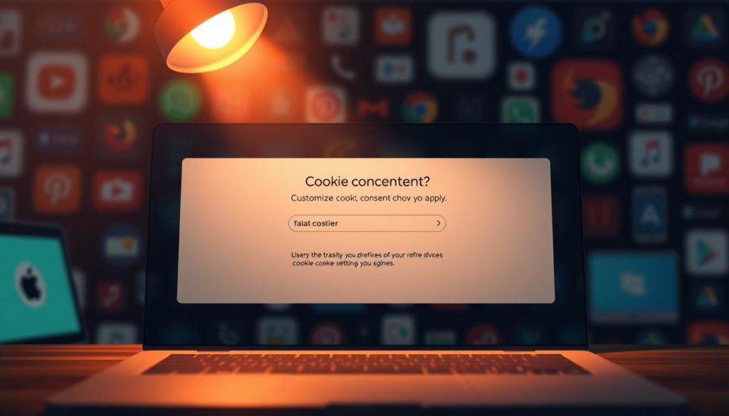 Detailed digital illustration of a user interface displaying an elegant cookie consent banner. The UI is illuminated by warm, diffused lighting from above, casting soft shadows. The banner features a minimalist design with subtle textures, displaying options to customize cookie preferences. In the background, a blurred, out-of-focus array of browsers, devices, and digital platforms hints at the wide range of user experiences the cookie settings will apply to. The overall mood is one of user-centric design, balancing functionality and aesthetics to optimize the cookie consent experience.