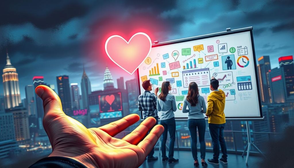 Detailed digital painting of a vibrant and emotive marketing strategy scene. In the foreground, a hand reaching out toward a glowing heart symbol, representing emotional engagement. In the middle ground, a team collaborating on a whiteboard filled with colorful marketing concepts. In the background, a cityscape with skyscrapers and neon lights, symbolizing the dynamic nature of modern marketing. The lighting is dramatic, with a warm glow from the heart symbol and cool tones in the background. The composition is balanced and the mood is one of inspiration and strategic thinking.
