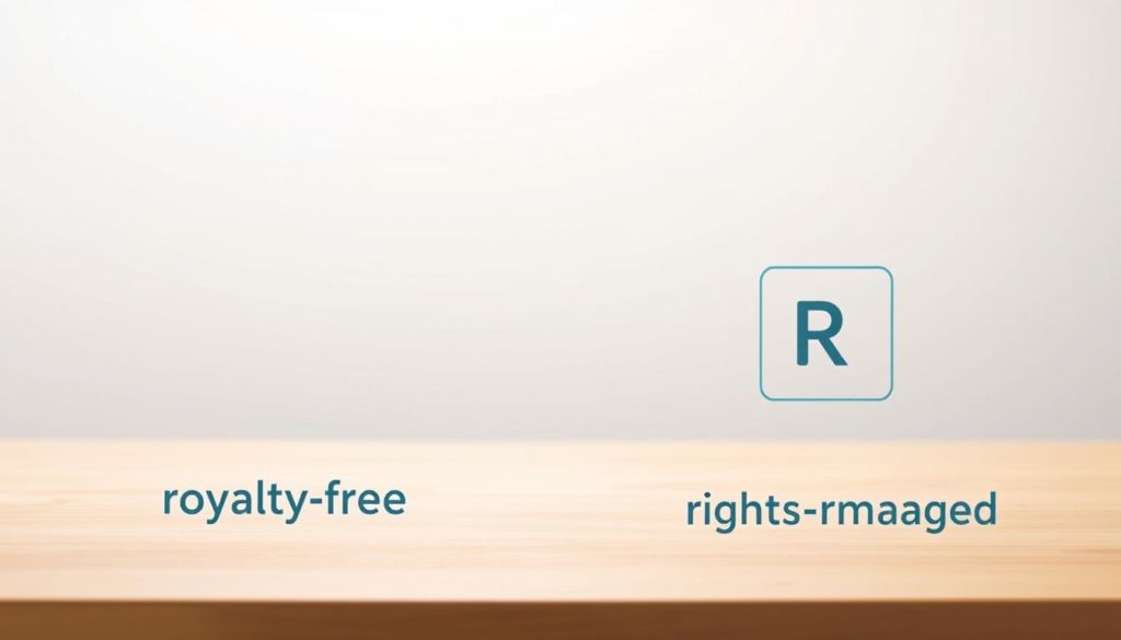 Detailed illustration of two types of image licenses, "royalty-free" and "rights-managed", presented against a clean, minimalistic backdrop. Foreground features two stylized icons or symbols representing the distinct licensing models, rendered in a cool, muted color palette to convey a sense of professionalism and technical precision. Middle ground showcases a simple, geometric arrangement of shapes and lines, echoing the visual language of legal and business documents. Background is a softly blurred, neutral-toned surface, drawing focus to the central licensing imagery. Crisp, even lighting from an upper-left angle casts gentle shadows, enhancing the sense of depth and three-dimensionality. Overall, a visually striking and informative illustration suitable for use in a business or educational context.