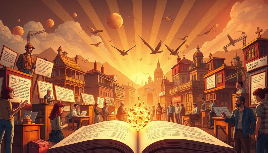 Detailed illustrations depicting practical examples from the book "Sticky Ideas" by Chip Heath and Dan Heath. A collection of real-world scenarios and case studies, each presented with a sense of depth and dimensionality. The foreground showcases engaging vignettes, while the middle ground provides context through visual metaphors and symbolic elements. The background radiates a warm, inviting atmosphere, hinting at the insights and lessons to be found within the pages. Rendered with a cinematic lighting style that captures the captivating nature of the subject matter.