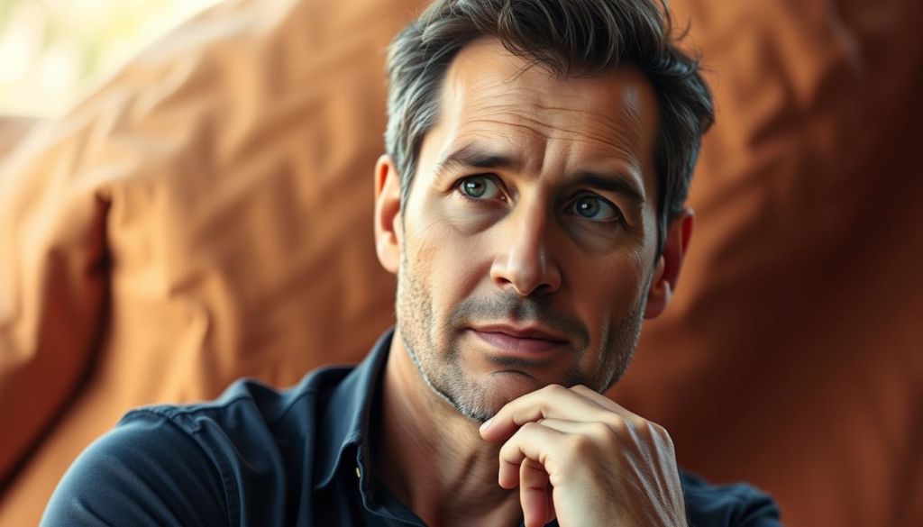 Detailed portrait of Tiago Mattos, Brazilian author and entrepreneur, set against a warm, natural backdrop. Tiago is shown in a thoughtful, contemplative pose, his gaze directed slightly off-camera. Soft, directional lighting emphasizes the planes of his face, capturing the intelligence and focus in his eyes. The scene has a relaxed, confident atmosphere, conveying Tiago's expertise and passion for his work. The composition utilizes a shallow depth of field to keep the subject in sharp focus while blurring the background, directing the viewer's attention to the author. The overall effect is a striking, professional portrait that reflects Tiago's role as the accomplished author of the book "Vai lá e Faz".