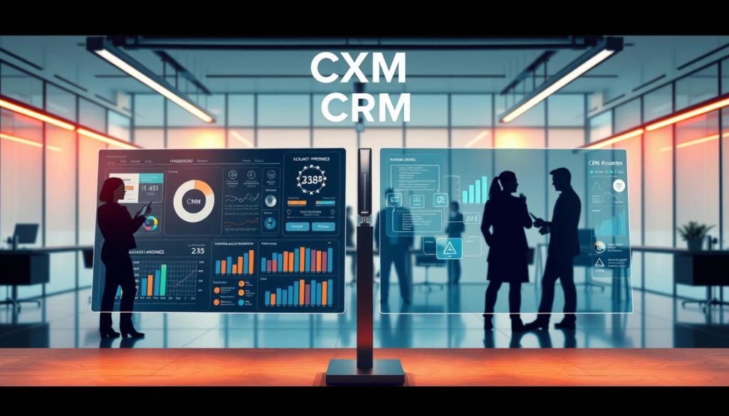 Detailed side-by-side illustration showcasing the key differences between customer experience management (CXM) and customer relationship management (CRM) systems. In the foreground, a glossy, high-tech dashboard with interactive visualizations contrasting the core functionalities of each approach. The middle ground features silhouettes of business professionals interacting with the systems, emphasizing the user-centric focus of CXM versus the data-driven nature of CRM. The background depicts a modern, minimalist office environment with clean lines and neutral tones, creating a sense of sophistication and innovation. Warm, directional lighting from various angles highlights the nuances between the two paradigms. Overall, a visually compelling image that clearly communicates the crux of the "CXM x CRM" concept.