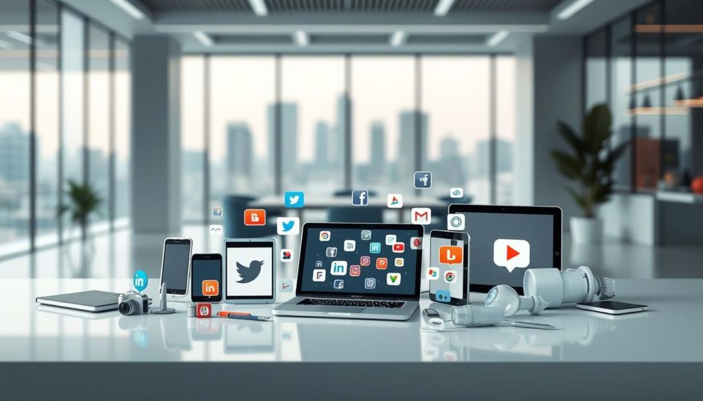 Detailed social media content strategies in a modern digital marketing scene. A crisp, elegant composition with a foreground featuring an assortment of digital devices and icons representing various social media platforms, arranged in a dynamic, visually striking layout. The middle ground showcases a backdrop of sleek, minimalist office setting with geometric patterns and subtle lighting, symbolizing the professional and analytical approach to content strategy. The background gently fades into a soft, blurred cityscape, hinting at the global reach and impact of effective social media marketing. Rendered with a high-quality photorealistic style, capturing the nuances of texture, depth, and lighting to convey a sense of sophistication and authority.