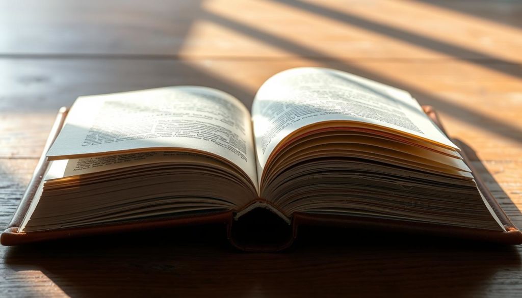 Detailed, technical illustration of the structure of a book. A hardcover book with a textured, leather-like cover is positioned on a wooden surface, illuminated by natural, soft lighting from the side. The pages are open, revealing the intricate layering of the book's components - the cover, endpapers, signatures, spine, and sewn binding. Delicate shadows and highlights accentuate the depth and materiality of the book's construction. The overall mood is one of reverence and appreciation for the craftsmanship of the physical book form.