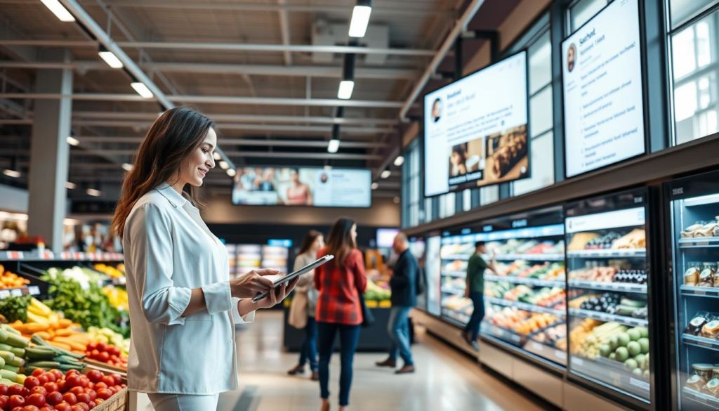 Digital marketing for supermarkets - a modern supermarket interior with large windows, bright natural lighting, clean and sleek design. In the foreground, a young professional woman standing in the produce section, using a tablet to analyze sales data and plan targeted digital campaigns. In the middle ground, customers browsing through digital displays showcasing deals and promotions. In the background, a social media feed projected on a large screen, highlighting positive customer reviews and engagement. The overall mood is one of efficiency, innovation, and a customer-centric approach to modern supermarket marketing.