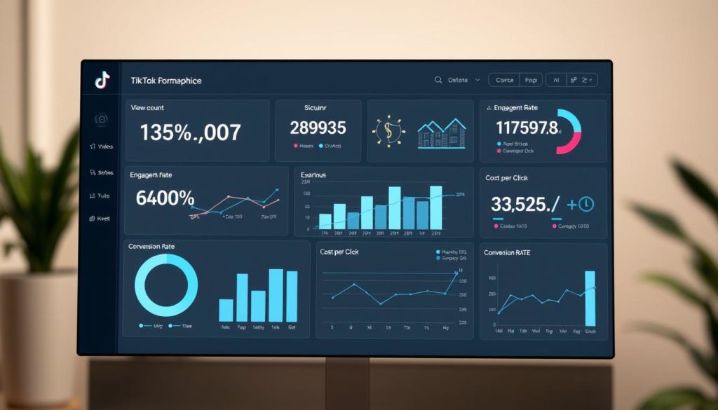 Elegant infographic dashboard displaying key performance metrics for a TikTok advertising campaign. Sleek minimalist design with clean lines and a sophisticated color palette of grays, whites, and subtle accents of blue. Prominently featured metrics include view count, engagement rate, cost per click, and conversion rate, presented through a combination of charts, graphs, and data visualizations. The layout is well-organized and intuitive, allowing for quick comprehension of campaign success. Soft studio lighting casts a warm, professional glow over the digital display, while a blurred out background emphasizes the data as the central focus. An overall sense of clarity and effectiveness conveys the successful optimization of the TikTok advertising strategy.
