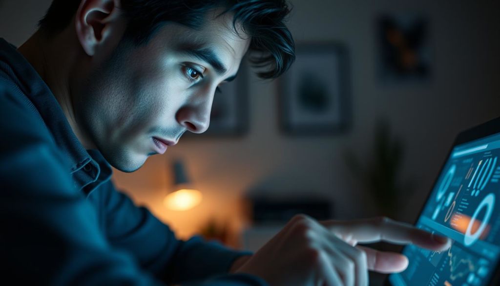 Engajamento do usuário: a captivating scene depicting an individual deeply absorbed in a digital interface, their gaze fixed on a glowing screen. The foreground showcases the user's intense focus, their fingers gracefully navigating the interface, while the middle ground reveals a workspace or home environment, hinting at the seamless integration of technology into daily life. The background subtly suggests a sense of calm and harmony, with soft lighting and muted tones creating an atmosphere of contemplation and immersion. The overall composition conveys a balance between human and machine, highlighting the power of digital engagement to captivate and influence our modern world.