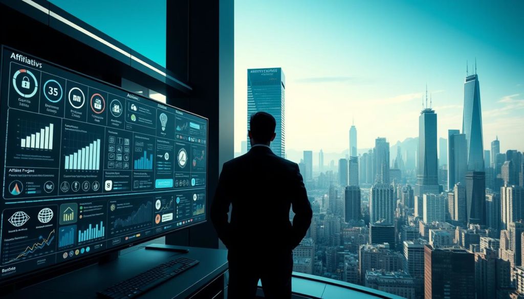 Futuristic online marketing platform with sleek, intuitive user interface. In the foreground, digital icons and infographic elements representing various affiliate programs and revenue streams. In the middle ground, rows of monitors displaying real-time analytics and campaign performance data. In the background, a cityscape of towering skyscrapers, symbolizing the global reach and scale of the affiliate marketing ecosystem. Dramatic lighting casts dynamic shadows, creating a sense of depth and modern, tech-savvy atmosphere. Smooth camera angle provides a clean, professional perspective to highlight the platform's sophisticated design and functionality.