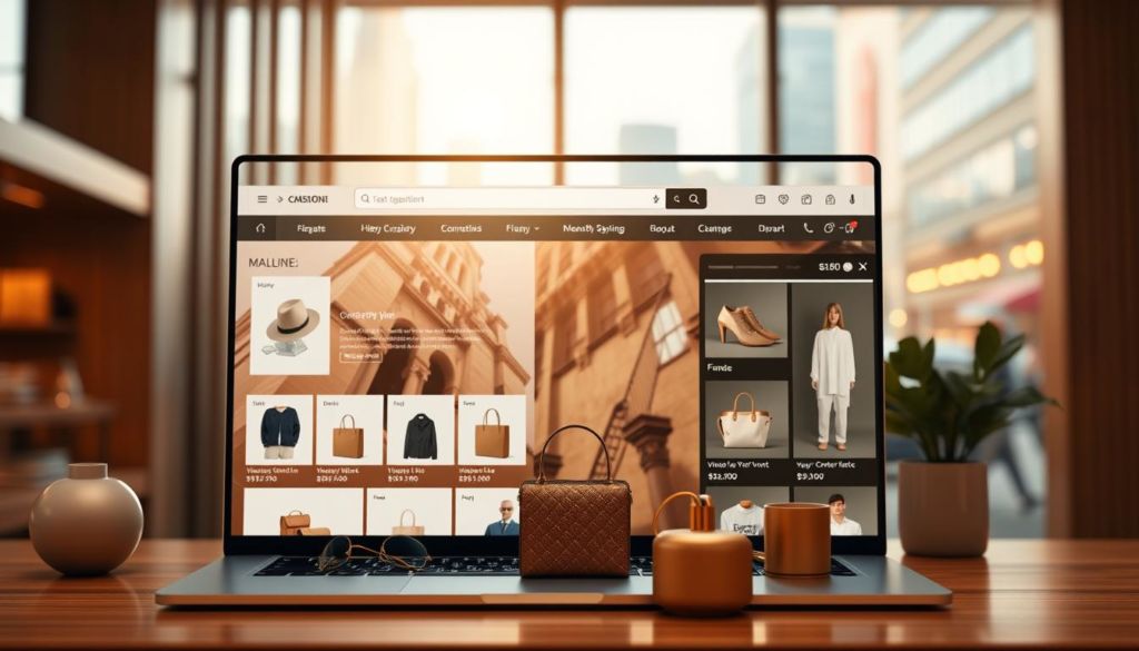 High-quality e-commerce website interface with elegant product displays, modern navigation, and seamless user experience. Set in a warm, inviting atmosphere with soft natural lighting and clean, minimalist design. Prominent focus on highlighting the virtual shopping experience, with carefully curated products in the foreground and a blurred cityscape in the background, conveying a sense of urban convenience and accessibility. Composition emphasizes usability, aesthetics, and the overall allure of online shopping.
