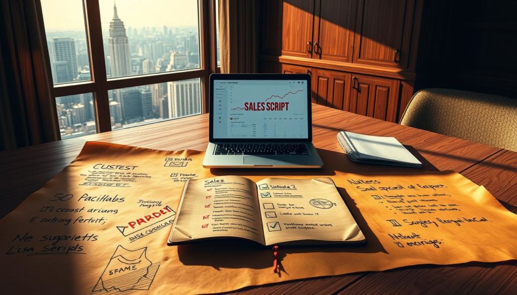 High-resolution, detailed illustration of successful sales scripts on a warm, parchment-like surface. Foreground shows various handwritten notes, checkboxes, and diagrams representing the key elements of an effective sales pitch. Middle ground features a laptop with a sales data dashboard and an open notebook with jotted statistics and metrics. Background depicts a softly lit, wood-paneled office setting with a window overlooking a bustling city skyline. Strong chiaroscuro lighting casts dramatic shadows, creating a professional, serious atmosphere. Realistic textures, subtle color grading, and a sense of depth and dimensionality lend an air of authority and credibility to the scene.