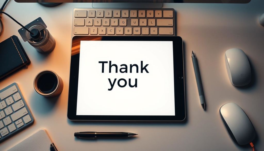 High-resolution, detailed image of a variety of tools for creating an effective thank-you page, including a tablet displaying a thank-you page design, a pen and notebook, a keyboard, a mouse, and other office supplies. The tools are arranged on a clean, minimalist desktop with soft, warm lighting illuminating the scene. The overall mood is professional, focused, and inspiring, conveying the importance of carefully crafting a thank-you page.