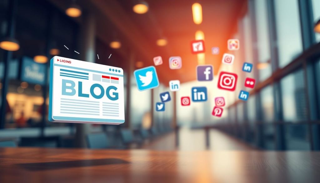 Imagine a vibrant, modern blog promotion scene. In the foreground, a stylized blog design graphic with clean lines and vivid colors floats, capturing the viewer's attention. In the middle ground, a group of diverse social media icons - Facebook, Twitter, Instagram, LinkedIn - hover, representing the various platforms for blog promotion. The background depicts a blurred cityscape, hinting at the global reach and digital nature of blog marketing. The overall mood is one of dynamic, tech-savvy professionalism, inviting the audience to engage with this appealing blog content. Lighting is soft and diffused, creating a sense of warmth and approachability. The camera angle is slightly elevated, conveying a sense of authority and expertise.