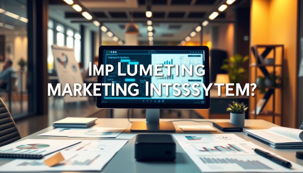 Implementing a marketing information system: a modern office interior with a desk, computer, and various documents and charts representing data and analytics. The lighting is warm and focused, creating a productive and analytical atmosphere. The camera angle is slightly elevated, giving a bird's-eye view of the scene, emphasizing the centrality of the information system. The background is blurred, keeping the focus on the desk and the work being done. The overall mood is one of efficiency, organization, and the power of data-driven decision-making.