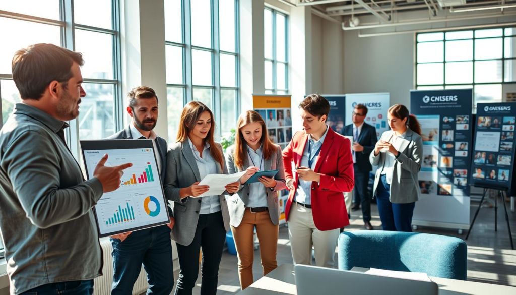 In a bright, sun-drenched office space, a diverse group of professionals gather, each exemplifying the necessary skills for a career in sports marketing. In the foreground, a team leader presents data with confidence, drawing insights from a sleek digital dashboard. Beside them, a creative designer sketches vibrant branding concepts, capturing the energy of the industry. In the middle ground, a social media specialist collaborates with a public relations expert, their animated discussion hinting at their mastery of modern communication. In the background, an event coordinator meticulously arranges sponsorship displays, demonstrating their organizational prowess. The scene conveys a dynamic, collaborative atmosphere, where diverse talents converge to drive success in the world of sports marketing.
