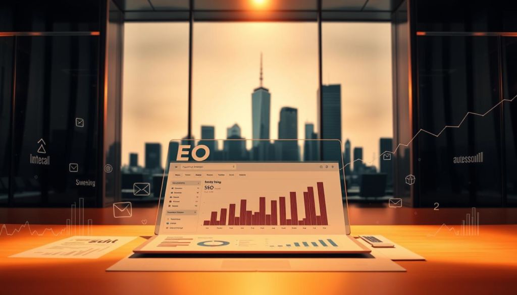 Intricate digital legal marketing strategies unfold before a sleek, modern backdrop. In the foreground, a dynamic search engine optimization dashboard displays key SEO metrics, surrounded by abstract data visualizations. In the middle ground, a geometric cityscape of skyscrapers and office buildings hints at the digital landscape of legal practice. Warm, directional lighting casts dramatic shadows, creating depth and atmosphere. The overall mood is one of professional sophistication, technological prowess, and a commitment to effective digital marketing for law firms.