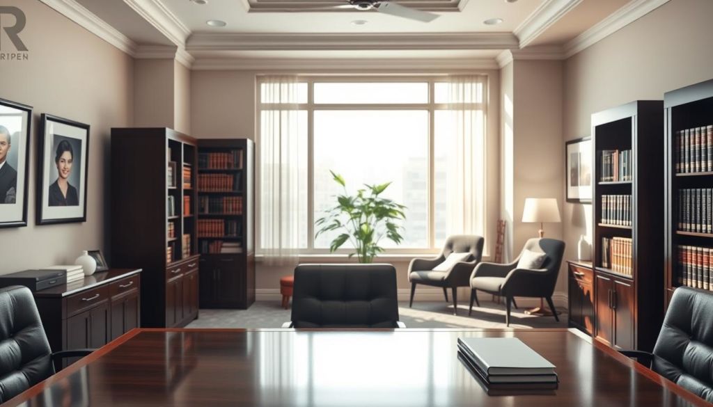 Inviting law office with an elegant, contemporary interior design. A well-appointed desk in the foreground, surrounded by bookshelves and framed artwork on the walls, creating a professional yet welcoming atmosphere. Soft, diffused lighting from a large window in the middle ground casts a warm glow throughout the space. In the background, a potted plant and a cozy reading nook suggest an environment conducive to client consultation and legal expertise. The overall scene conveys a sense of trust, expertise, and attention to detail - qualities that would appeal to potential legal clients.