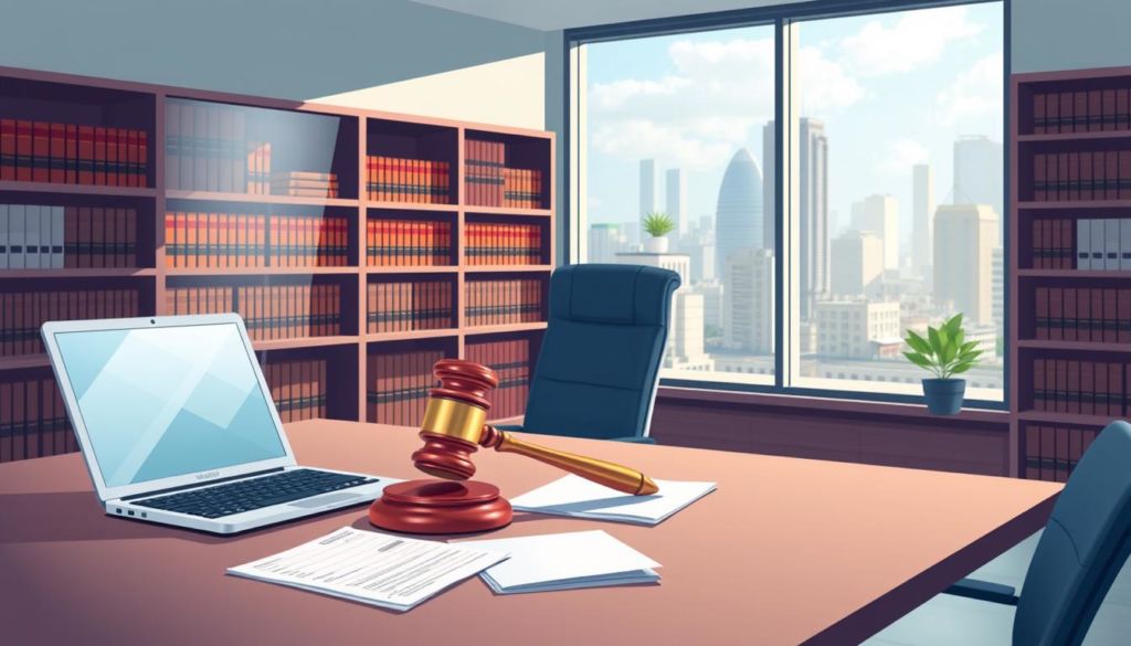 Legislation on remote work, a detailed illustration depicting the legal framework governing telecommuting in Brazil. A modern, well-lit office setting with a large desk showcasing a laptop, papers, and a gavel, symbolizing the judicial aspects. In the background, shelves filled with law books and a window overlooking a cityscape, suggesting the broader legislative context. The scene conveys a sense of professionalism, authority, and the importance of established regulations surrounding the practice of remote work.