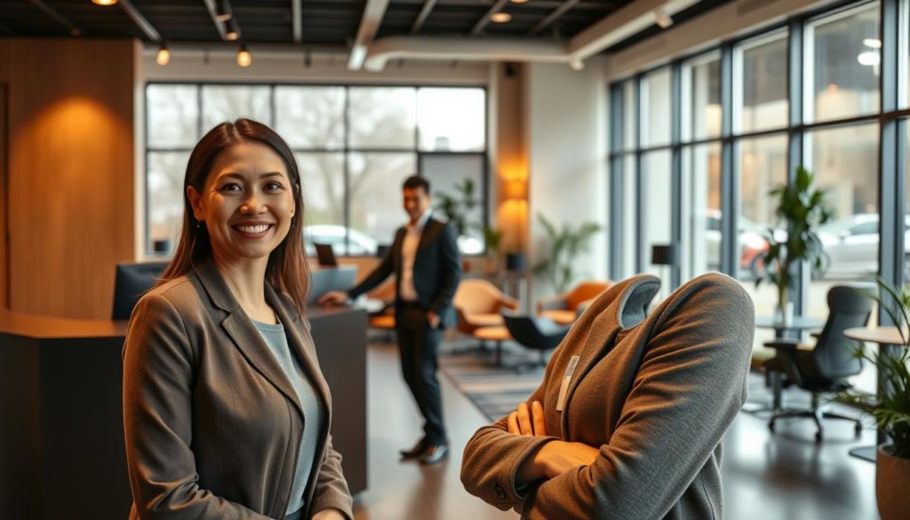 Personalized customer service: A warm, inviting office setting with a sleek, modern reception desk. In the foreground, a friendly customer service representative smiles, ready to assist a well-dressed client. The middle ground showcases a cozy conversation area with plush seating and ergonomic furniture, reflecting a comfortable, collaborative atmosphere. The background features large windows allowing natural light to flood the space, creating a sense of openness and transparency. The overall scene conveys a high-quality, personalized experience tailored to the customer's needs.