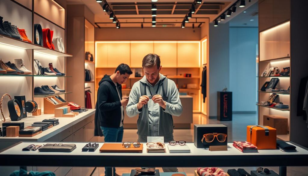 Personalized product arrangement in a vibrant and modern storefront display. Front and center, an array of customizable items presented on a sleek, minimalist shelf against a backdrop of warm, diffused lighting. In the middle ground, a shopper examines a customized accessory, deep in thought. In the distant background, a clean, contemporary interior with muted tones, hinting at the brand's commitment to personalization. The scene conveys a sense of personalized shopping experience, where customers can craft their own unique products.