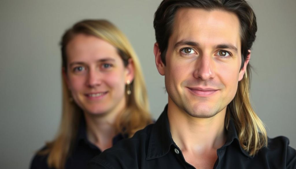 Portrait of Sean Ellis and Morgan Brown, the co-authors of the book "Hacking Growth", captured in a warm, professional lighting. Sean, with his dark hair and piercing gaze, stands confidently in the foreground, while Morgan, with her friendly demeanor and shoulder-length blonde hair, is positioned slightly behind him. The two are framed against a subtly blurred, neutral-toned background, creating a sense of focus on their faces and upper bodies. The image conveys a sense of authority, expertise, and collaboration, reflecting the subject matter of their renowned work on growth hacking strategies.
