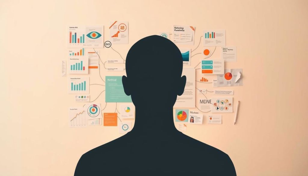 Portrait of a persona development process, featuring a stylized silhouette of a person surrounded by data visualizations, mind maps, and research materials on a minimalist background. Soft, warm lighting illuminates the scene, creating a contemplative, analytical atmosphere. The persona is represented as a faceless, abstract figure, emphasizing the focus on user archetypes and behavioral insights rather than specific individuals. The composition and color palette convey a sense of strategic, structured thinking applied to audience understanding.