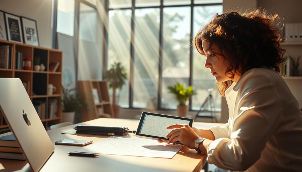 Proatividade na mentalidade empreendedora: a dynamic scene of an entrepreneur in a modern, well-lit office, leaning over a desk and sketching ideas on a tablet computer. Rays of sunlight stream through large windows, casting a warm glow over the scene. The entrepreneur's face is focused, brow furrowed in concentration, conveying a sense of purposeful innovation. Surrounding the desk are shelves of books, inspirational artwork, and a potted plant, hinting at a creative, entrepreneurial mindset. The overall atmosphere radiates a spirit of opportunity, drive, and the confidence to take action and make things happen.